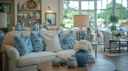 Wall Mural - Comfortable living room with cream sofa and decorative blue cushions in a cozy interior