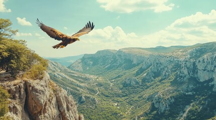 Sticker - Majestic Eagle Soaring Above Mountainous Terrain