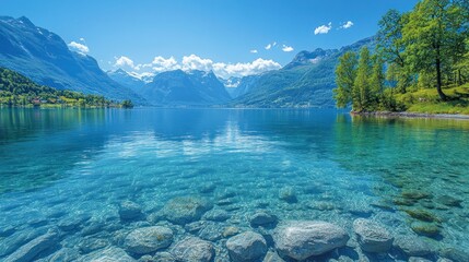 Wall Mural - Serene mountain lake with crystal clear water and rocks