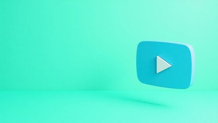 Poster - Aqua blue video play symbol on left. Soft blue background. Copy space for text, 3D render AI Generated Designer Element