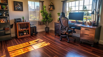Poster - Sunlit Home Office Workspace With Modern Desk And Chair