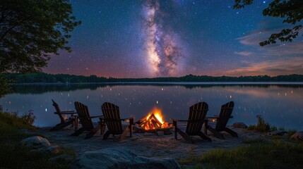 Poster - Lakeside Campfire Under A Starry Night Sky