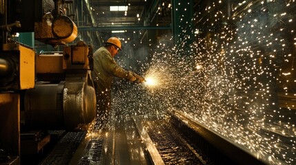 Poster - Industrial Worker Using Metal Cutting Machine With Sparks