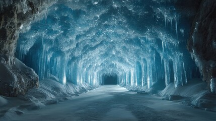 Wall Mural - Glowing Ice Cave Tunnel Winter Wonderland Pathway