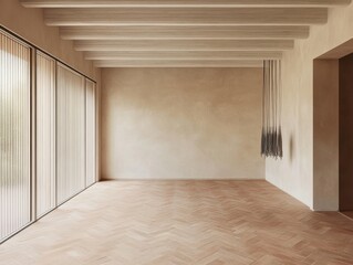 Wall Mural - A room with a tan wall and a wooden floor