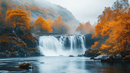 Wall Mural - Autumn Waterfall Cascading Through Golden Trees