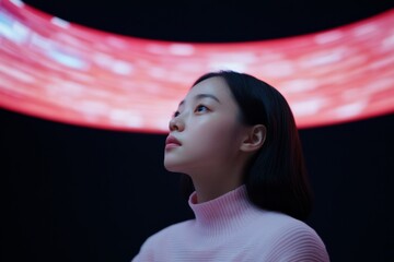 Aufkleber - Futuristic Education Young Woman Engages with Holographic Display in Modern Learning Environment