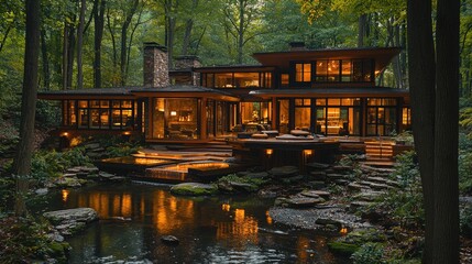 Wall Mural - Modern Forest Home Illuminates Nighttime Creek