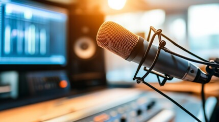 Poster - Condenser microphone capturing sound in a recording studio, featuring audio editing software on a computer screen and audio equipment creating a professional production environment
