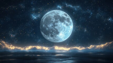 Wall Mural - Celestial Landscape Featuring A Large Blue Moon And Starry Sky