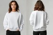 © Aleksander - A young woman wearing a white sweatshirt mockup, posing in front and back views. She has long, wavy hair and is standing with her hands in her pockets. The background is neutral and soft.