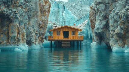 Wall Mural - Wooden Cabin Nestled Between Glacial Rock Formations