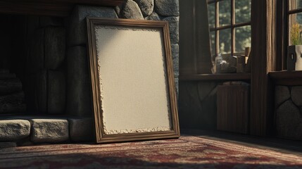 Poster - Blank Canvas in Rustic Wooden Frame Near Fireplace