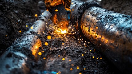 Poster - Worker Welding Metal Pipes Underground