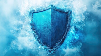 Poster - A metallic blue shield surrounded by subtle digital effects on a soft blue backdrop, symbolizing protection.