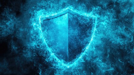 Poster - A metallic blue shield surrounded by subtle digital effects on a soft blue backdrop, symbolizing protection.