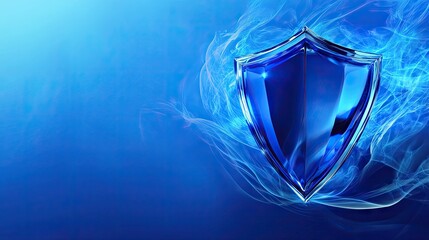 Poster - A metallic blue shield surrounded by subtle digital effects on a soft blue backdrop, symbolizing protection.