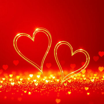 Valentines day golden line hearts red background vector illustration