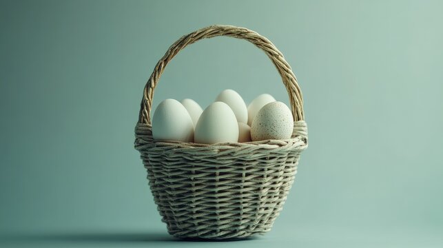 A minimalistic arrangement of eggs in a clean, modern basket, set against a soft gradient backdrop.