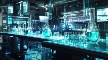 Poster - A modern lab with futuristic instruments and vibrant solutions in glass containers, representing advanced research.