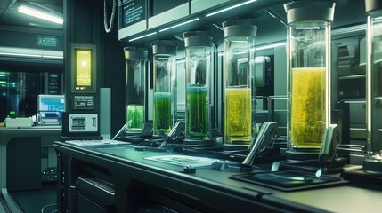 Poster - A modern lab with futuristic instruments and vibrant solutions in glass containers, representing advanced research.