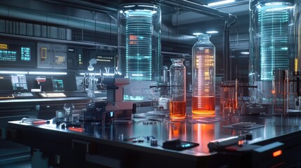 Poster - A modern lab with futuristic instruments and vibrant solutions in glass containers, representing advanced research.