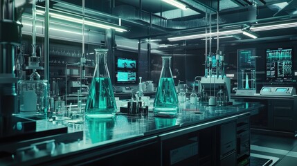 Poster - A modern research lab with advanced tools, bright liquids in glass containers, and sleek digital interfaces.