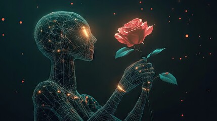 Poster - A modern wireframe robot with a glowing frame, delicately supporting a vibrant rose bush, symbolizing unity.