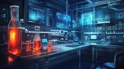 Poster - A modern research lab with advanced tools, bright liquids in glass containers, and sleek digital interfaces.