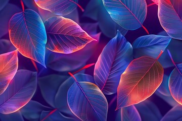 Poster - Colorful neon leaves are glowing, creating a vibrant botanical background