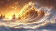 © BloomArt - Golden Sunset Wave Crashing Near Winter Trees