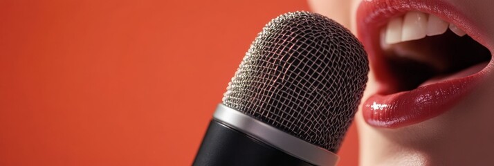 Poster - Close up view of a female singer passionately belting into a professional microphone, capturing the essence of music in a vibrant orange studio backdrop, showcasing her artistry