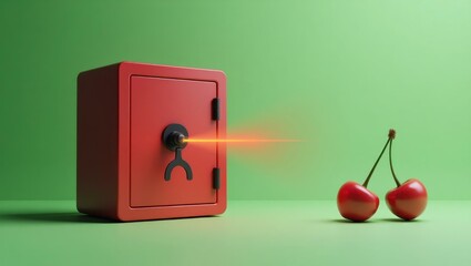 Poster - Cherry safe with laser obstacle on right. Soft orange background. Copy space for text, 3D render AI Generated Designer Element