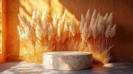 Wall Mural - Wooden Display Stand with Pampas Grass Backdrop