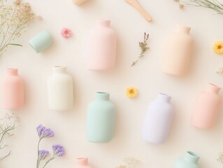 Poster - Pastel Clay Vases with Dried Flowers Minimalist Flat-Lay of Creative DIY Decor