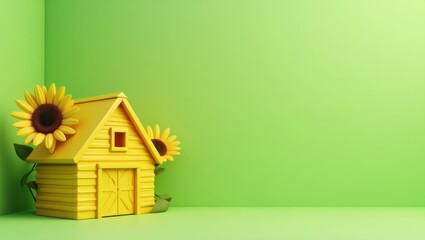 Poster - Sunflower yellow barn on left. Soft black background. Copy space for text, 3D render AI Generated Designer Element