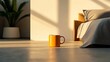 © Sheharyar - A cozy yellow mug resting on the floor in a warmly lit bedroom.
