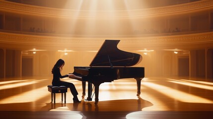 Poster - Professional pianist performing a classical music piece on grand piano on stage in a beautiful concert hall, illuminated by warm spotlights, creating a captivating atmosphere