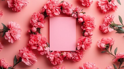 Sticker - Floral arrangement with pink flowers and a blank card on a pastel background