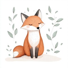 Poster - Charming fox illustration surrounded by elegant minimalist leaves in a serene setting. Generative AI