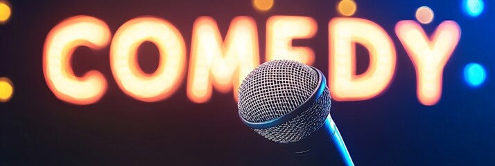 Leinwandbilder - Professional microphone positioned for a comedian delivering a live comedy show on stage, illuminated by a vibrant comedy sign, creating an atmosphere of anticipation and laughter