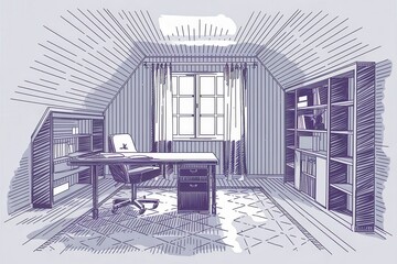 Canvas Print - Attic Office Space Design Featuring Bookshelves and Desk