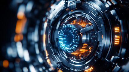 Poster - Intricate futuristic technology fusion with glowing blue and orange elements