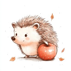 Poster - Illustrated cute hedgehog carrying a shiny red apple on its back among falling leaves in a charming woodland setting. Generative AI