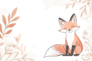 Poster - Illustrated fox character happily sitting among minimalist leaves in a tranquil setting with soft colors. Generative AI