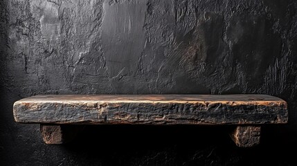 Wall Mural - Rustic wooden shelf against textured black wall in minimalist interior setting