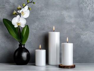 Wall Mural - Three white candles and a vase with flowers on a table