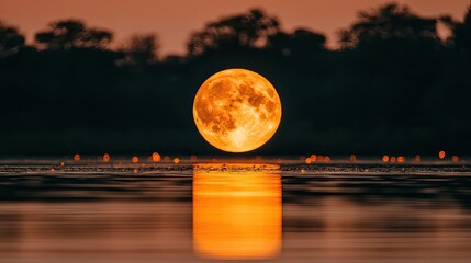 Wall Mural - Orange Moon Rising Over Still Water at Dusk