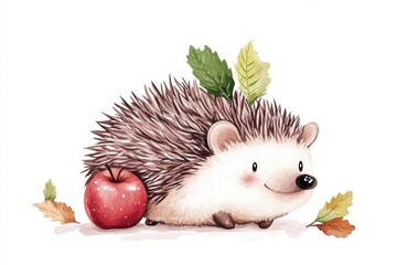 Poster - Cute hedgehog with an apple on its back surrounded by autumn leaves in a whimsical illustration. Generative AI