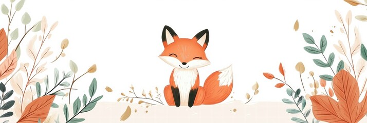 Poster - Cute illustrated fox sitting happily among colorful minimalist leaves in a serene setting. Generative AI